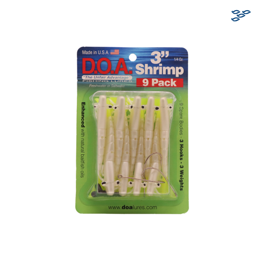 D.O.A. - PACK DE 9 SEÑUELOS DE GOMA SHRIMP (PEARL/CHARTREUSE TAIL)