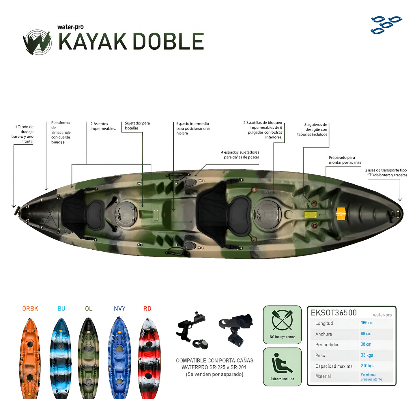 WATER PRO - KAYAK DOBLE DEPORTIVO (CON 2 REMOS Y ACCESORIOS INCLUÍDOS)