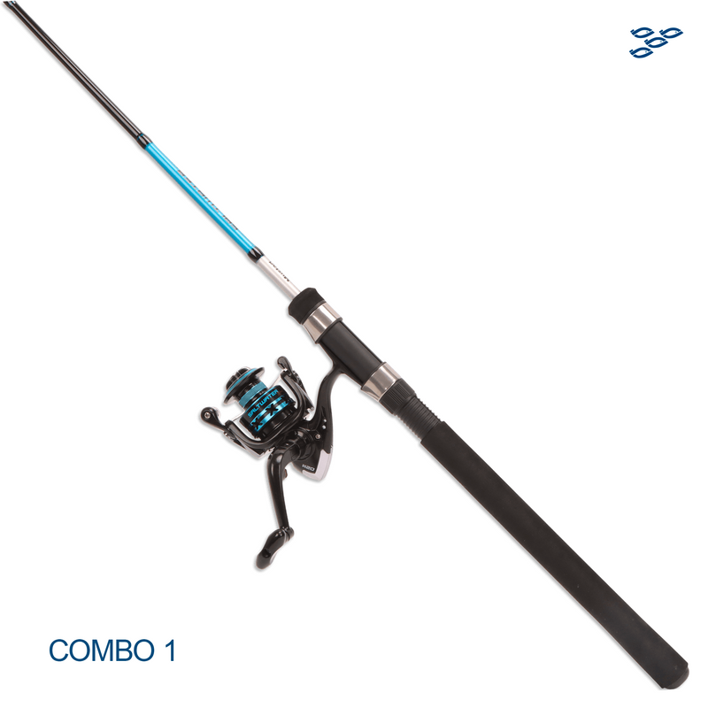 Cargue la imagen en el visor de la galería, MUSTAD - 2 COMBOS CAÑA Y CARRETE SPINNING “BIG HIT LEGACY COMBO” COLOR AZUL (2 TRAMOS)
