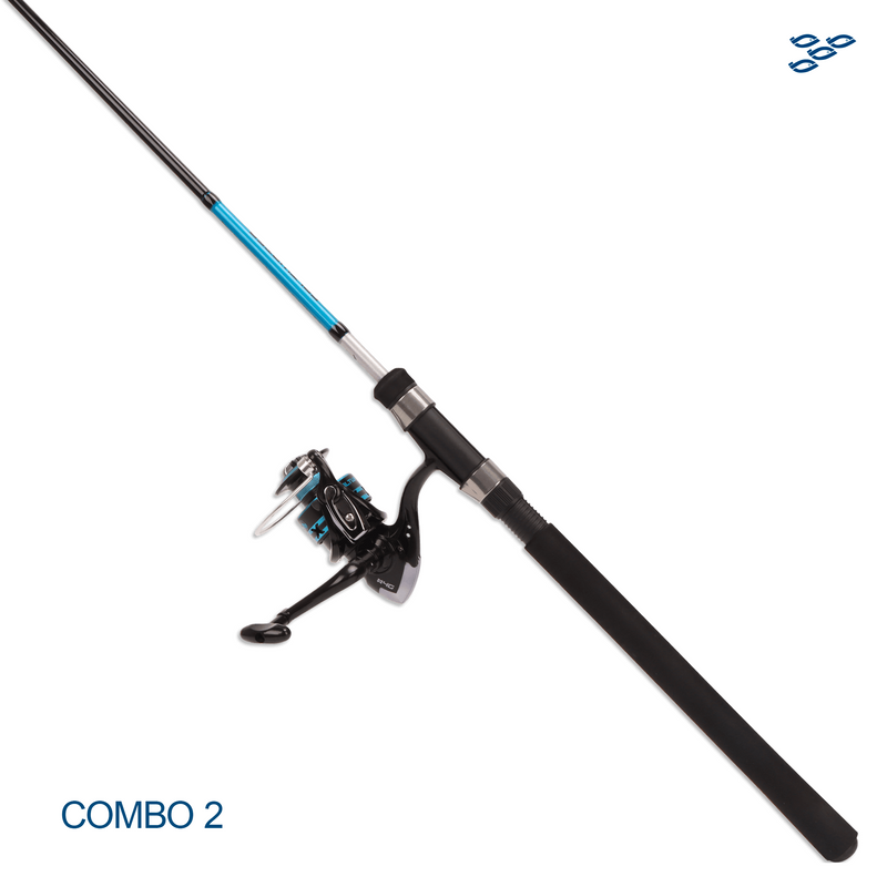 Cargue la imagen en el visor de la galería, MUSTAD - 2 COMBOS CAÑA Y CARRETE SPINNING “BIG HIT LEGACY COMBO” COLOR AZUL (2 TRAMOS)
