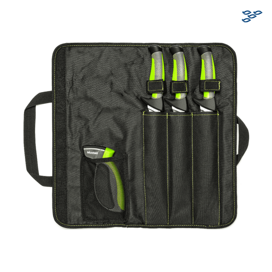 MUSTAD - KIT DE 3 CUCHILLOS + AFILADOR (CON DETALLES)